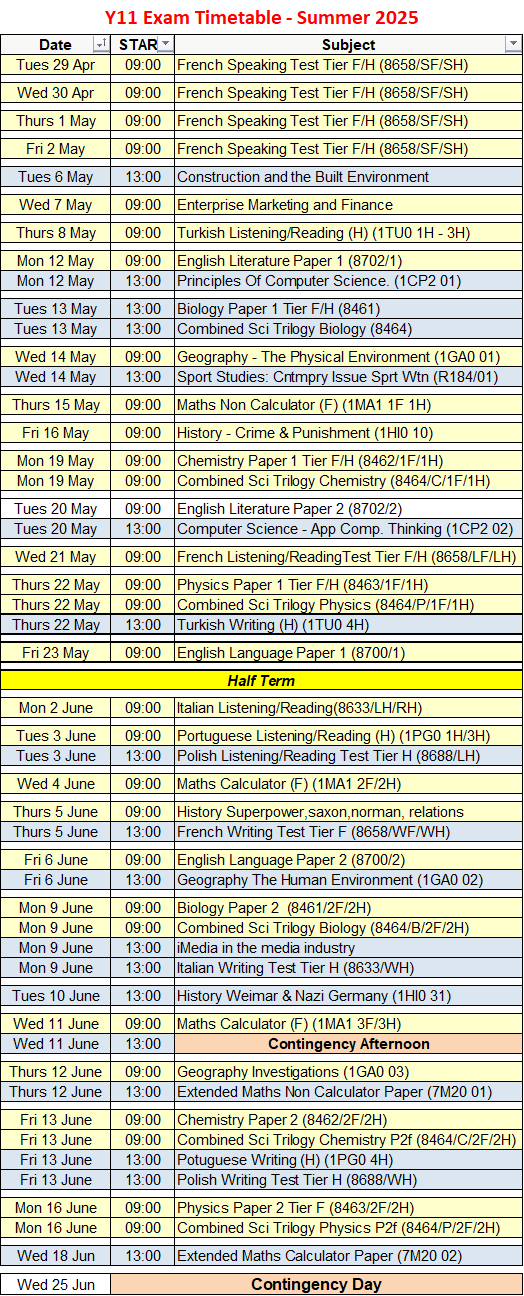 Y11 Summer Exams Full